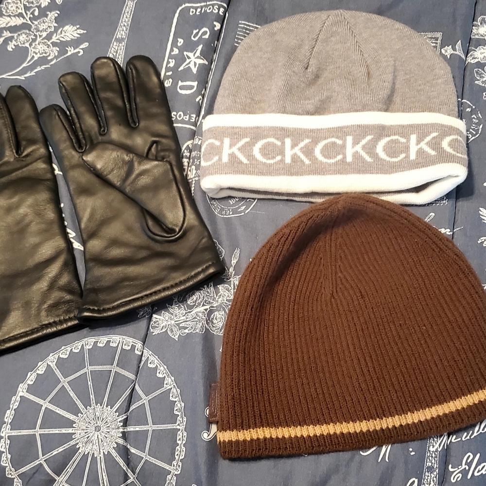Calvin Klein Black Leather Gloves with Gray and Brown Beanies